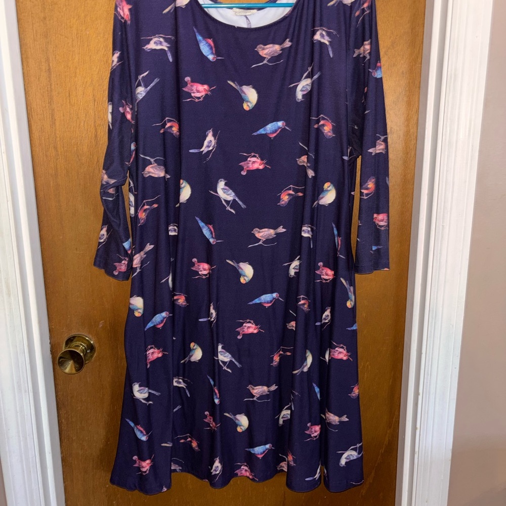 Yelete Purple Bird Print Long Sleeve Dress